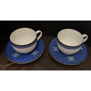 Dansk Nine Patch Quiltings Dinnerware Teacup‎ Saucers Portugal Vintage Set Of 2